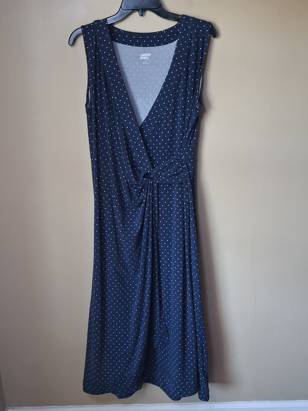 Lands End Women’s Navy W/White Polka Dot Faux Wrap Dress; Size LP